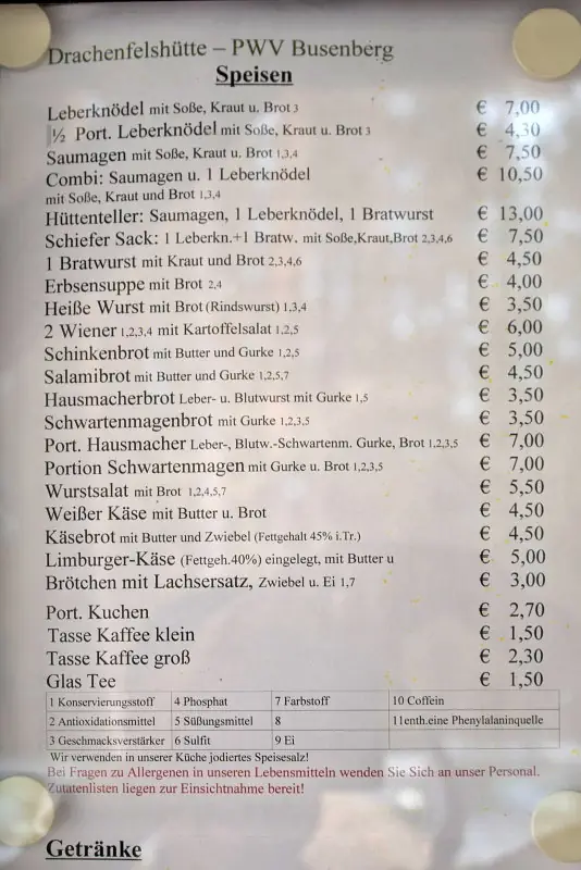 Speisekarte Drachenfelshütte
